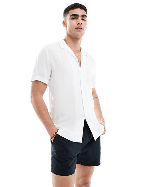Regular fit viscose shirt with revere collar in white