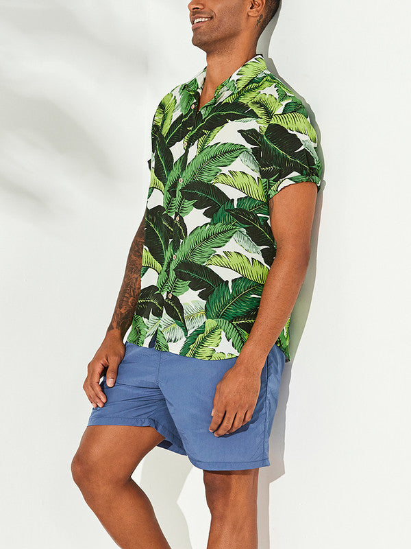 Green Leaf print short sleeve casual shirt