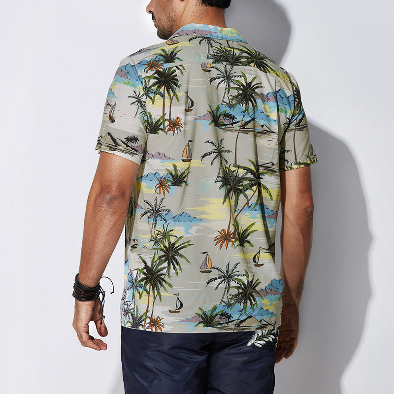 Men's Beach Leaf print short sleeve casual shirt