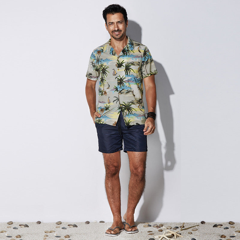 Men's Beach Leaf print short sleeve casual shirt