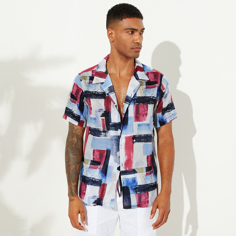 Men's Geomatric Brush print short sleeve casual shirt
