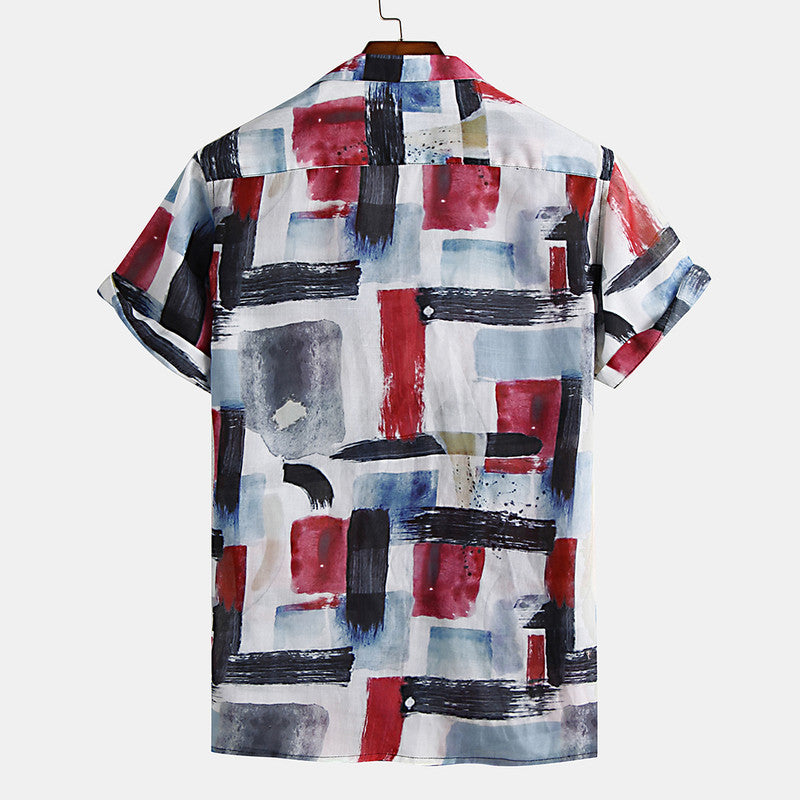 Men's Geomatric Brush print short sleeve casual shirt