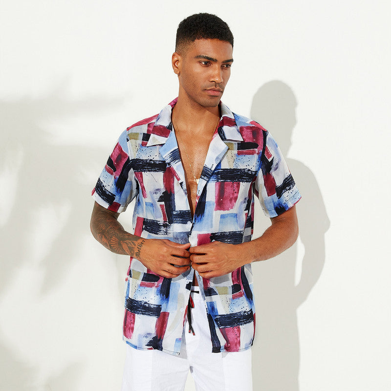 Men's Geomatric Brush print short sleeve casual shirt
