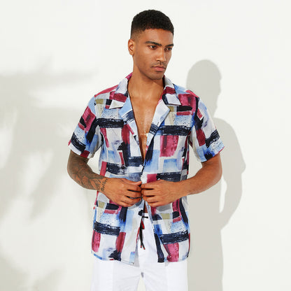 Men's Geomatric Brush print short sleeve casual shirt