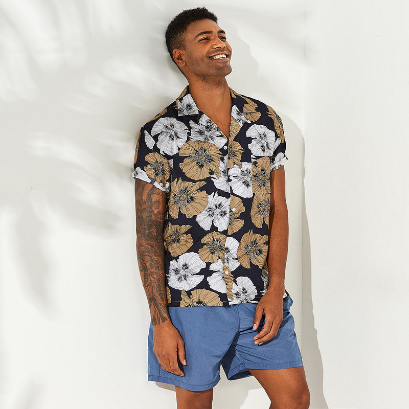 Men's Big Leaf print short sleeve casual shirt
