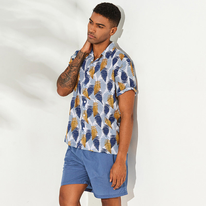 Men's light palm print short sleeve casual shirt