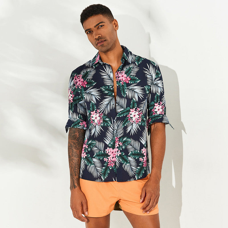 Men's Big Leaf Print Short Sleeve Casual Shirt
