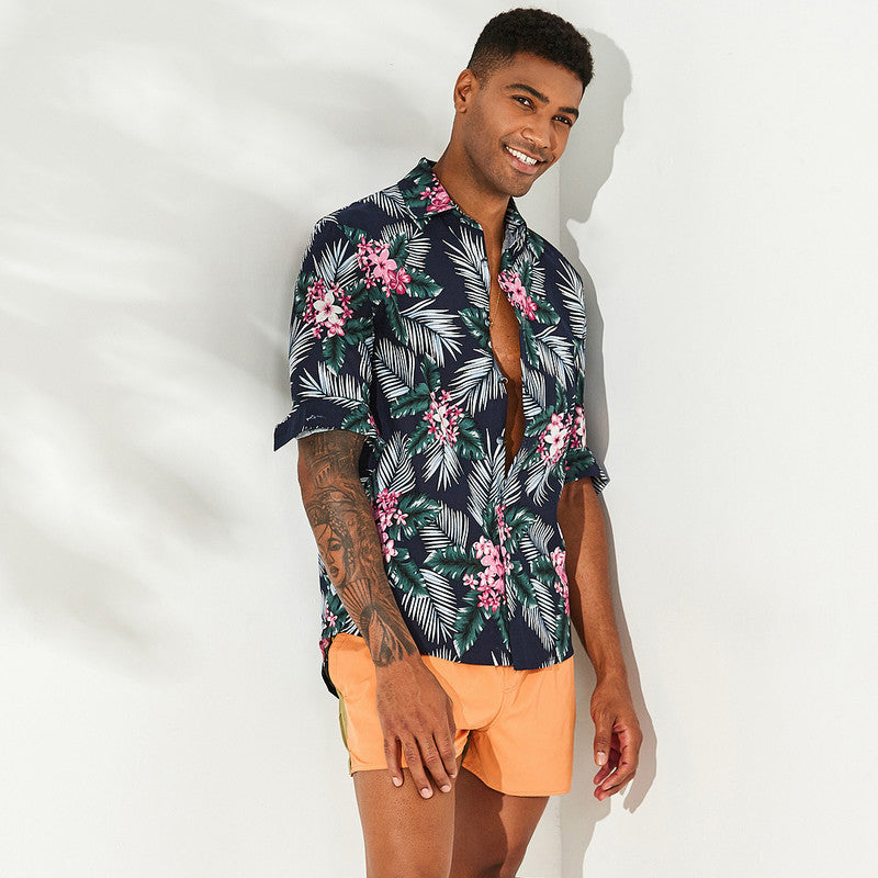 Men's Big Leaf Print Short Sleeve Casual Shirt