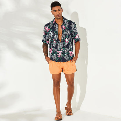 Men's Big Leaf Print Short Sleeve Casual Shirt