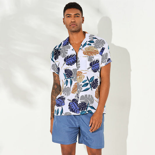 Men's cool white print short sleeve casual shirt