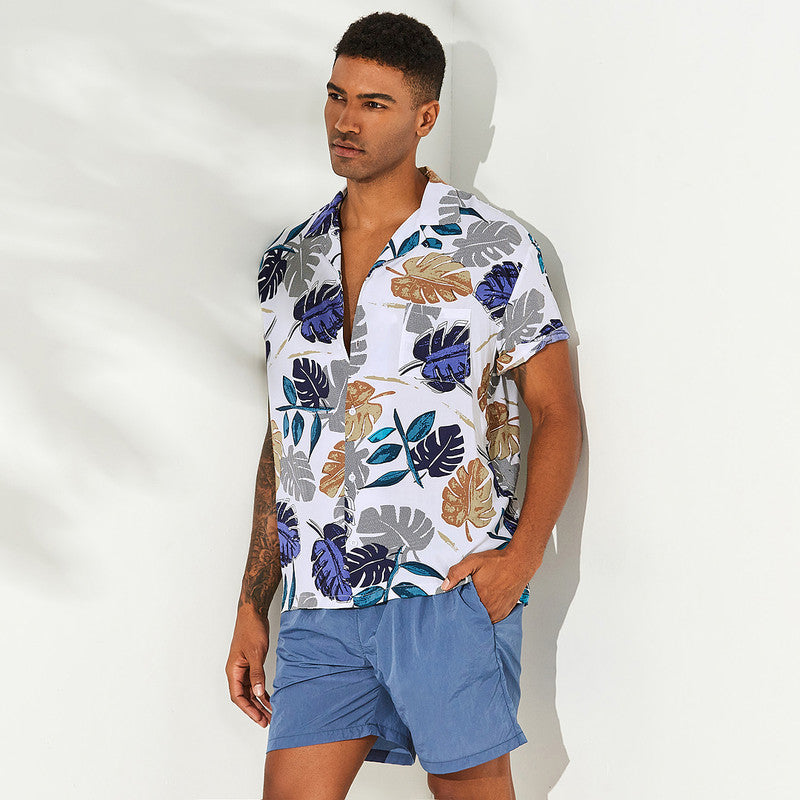 Men's cool white print short sleeve casual shirt
