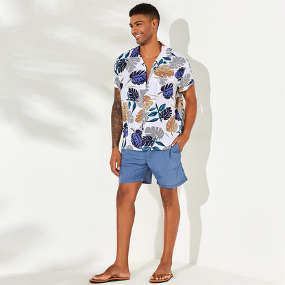 Men's cool white print short sleeve casual shirt