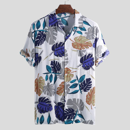 Men's cool white print short sleeve casual shirt